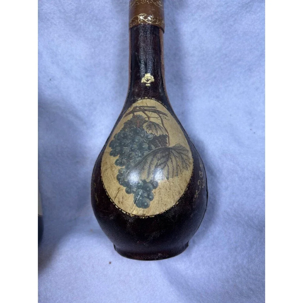 Two Vintage Italian brown Leather Covered Wine Bottle Bar Decanter Made In Italy